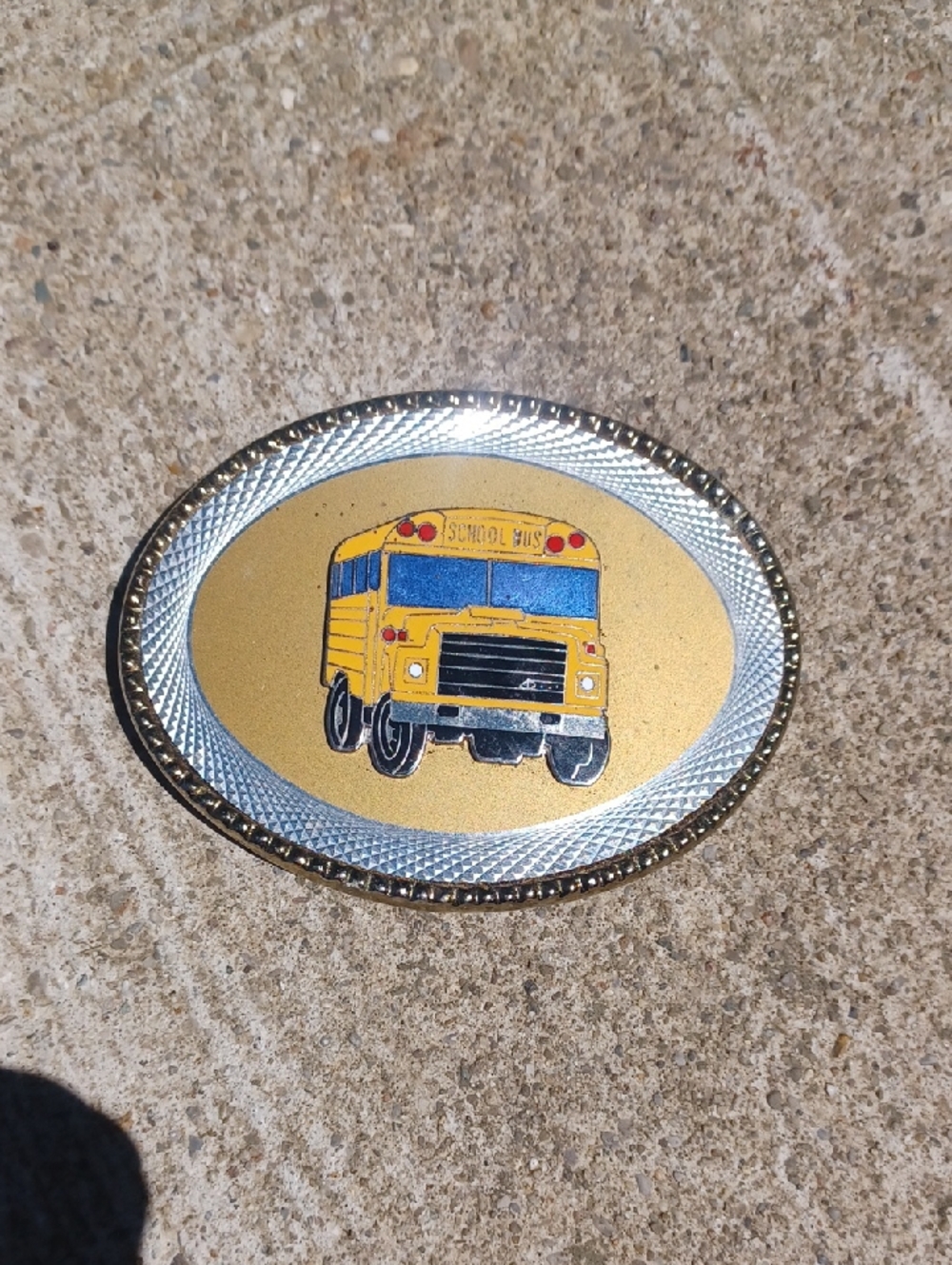 Vintage School Bus Oval Belt Buckle - Yellow & Silver